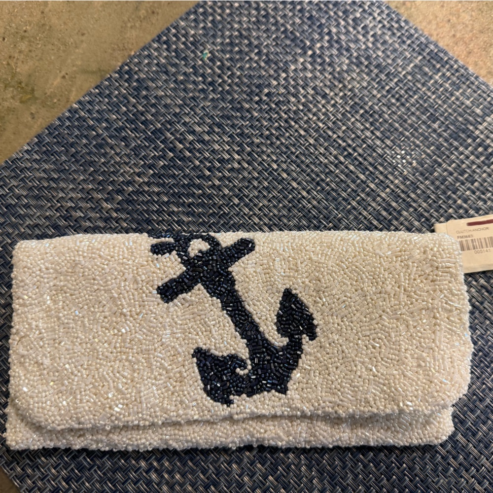 Moyna White and Navy Beaded Anchor Clutch- new